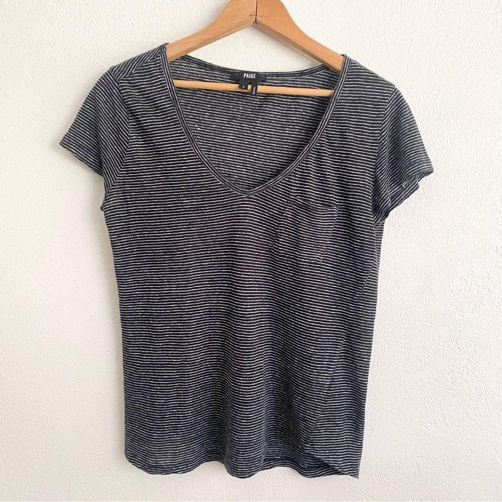 Paige Short Sleeve V Neck Tee Shirt Black Striped Linen Pocket Tee Size Small